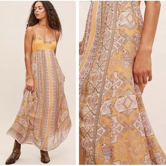 Anthropologie NWT Calida Maxi Bohemian Yellow Maxi Dress, size 16 Petite - Picture 1 of 12